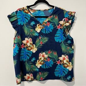 Women's Navy Tropical Floral V-Neck Blouse